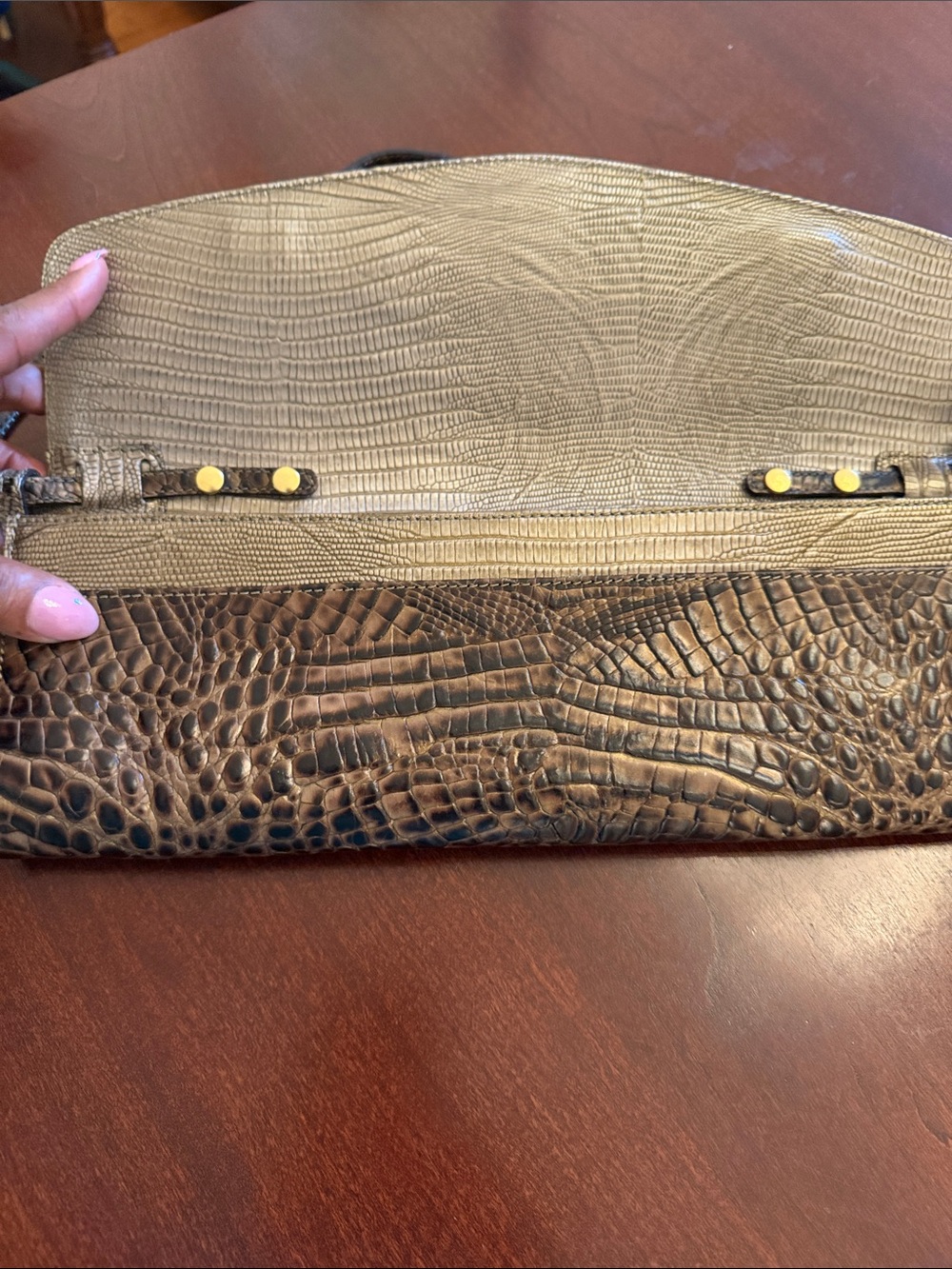 Brahmin Croc-Embossed Leather Clutch in Brown and Beige - Picture 5 of 7
